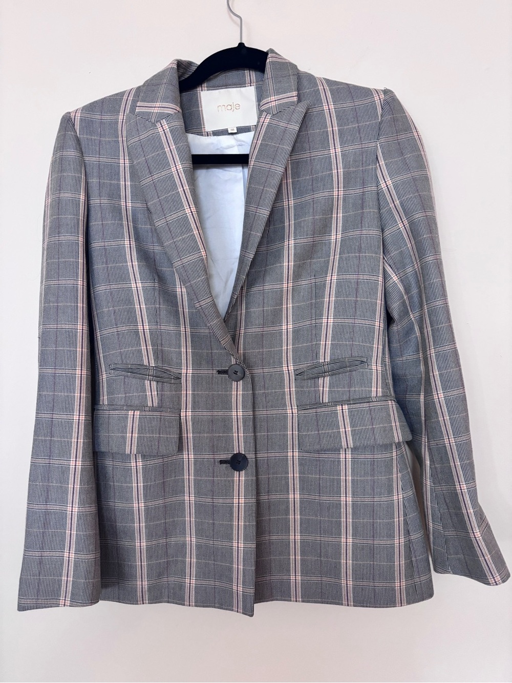 Maje Valila Carreaux Plaid Tailored Blazer Gray Size 38 Medium